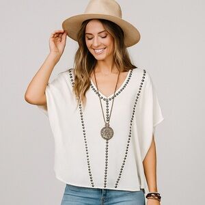 DKNY Oversized Blouse Top Cream XS Boho-Chic Festival Flowy Loose Small Medium